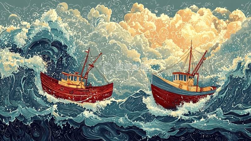 高清大图下载【趣麦麦图】暴风雨中的两艘渔船