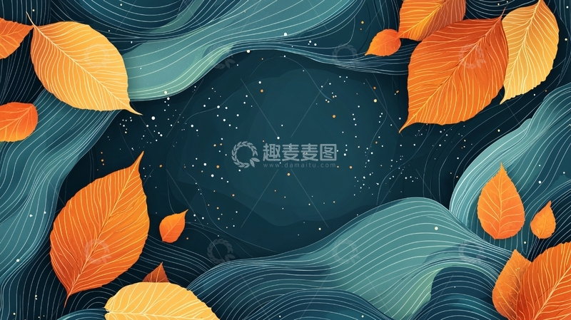 高清大图下载【趣麦麦图】深蓝背景橘色落叶