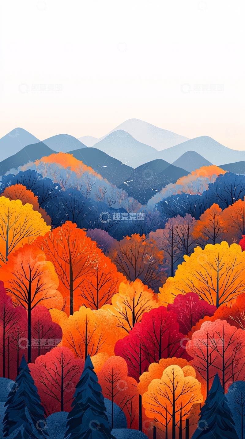 高清大图下载【趣麦麦图】秋日山林彩绘图