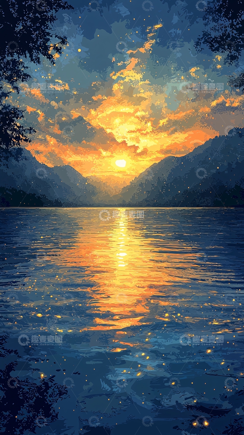 高清大图下载【趣麦麦图】山脉湖泊日落余晖