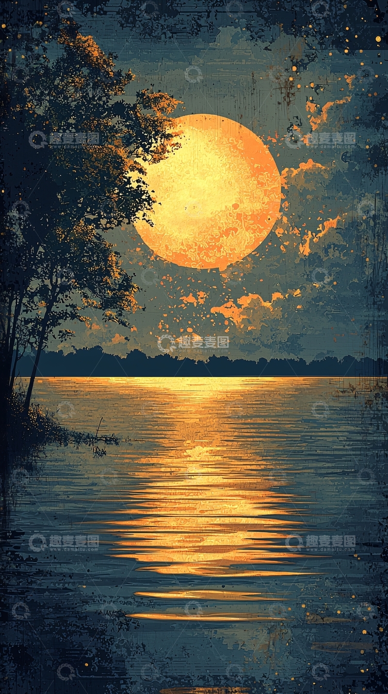 高清大图下载【趣麦麦图】月夜湖边树影婆娑