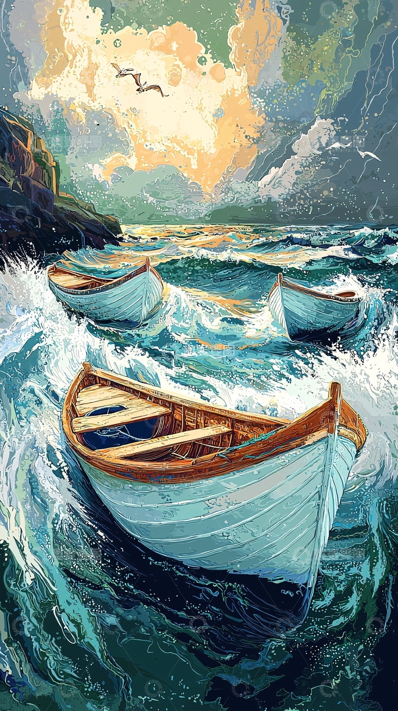 高清大图下载【趣麦麦图】海浪中漂浮的船只
