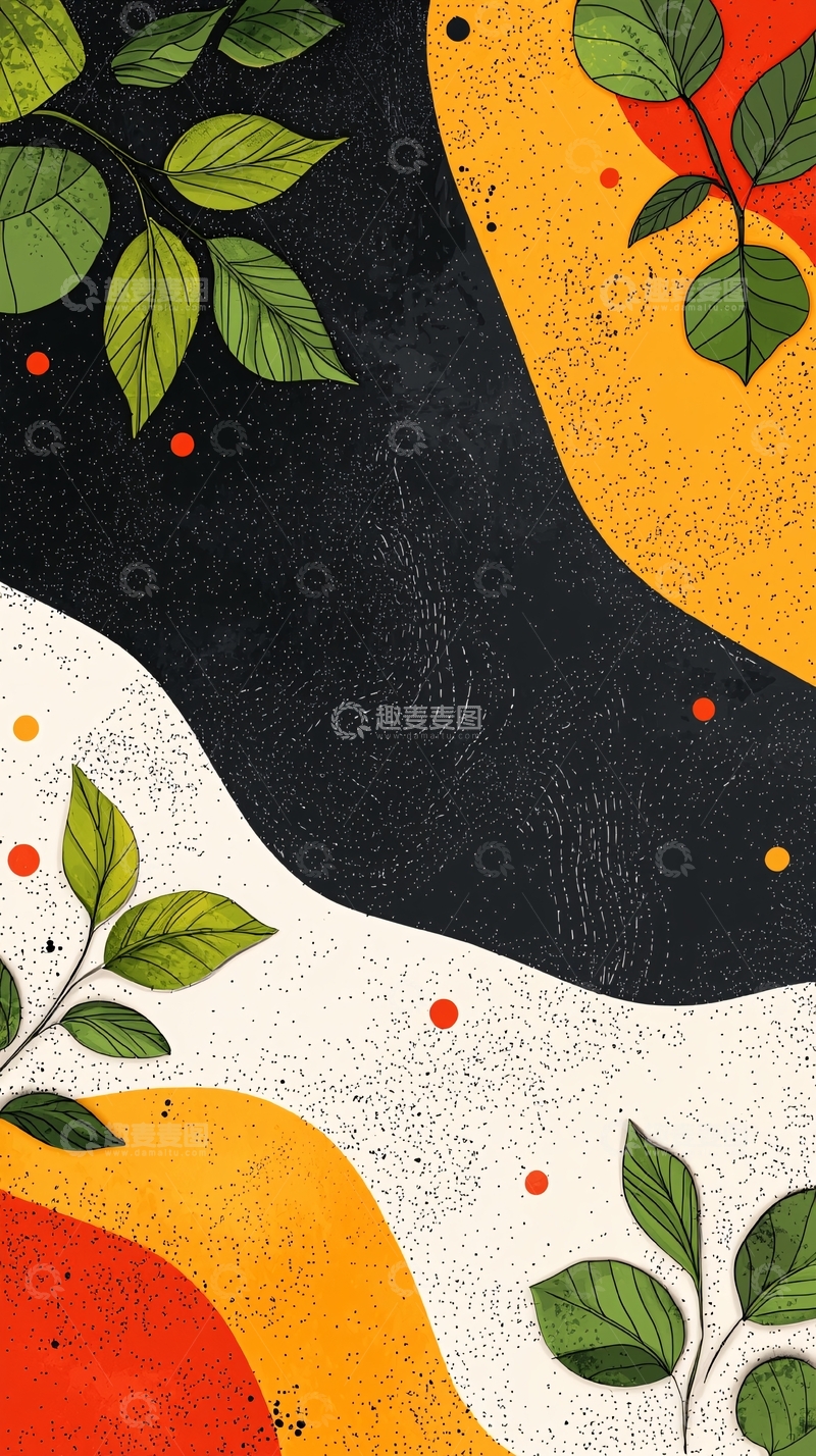高清大图下载【趣麦麦图】黑黄白绿植物抽象线条
