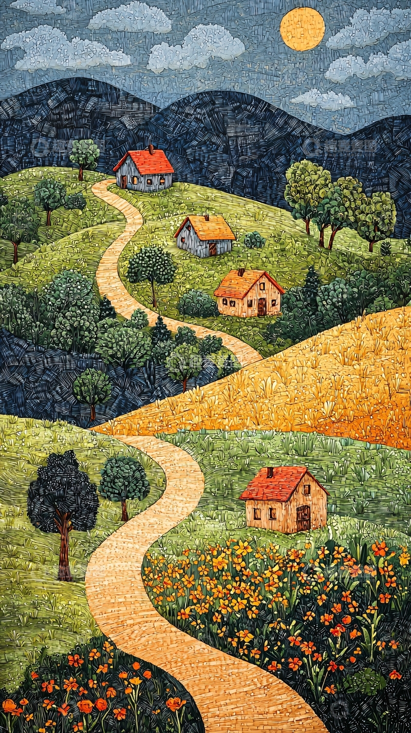 高清大图下载【趣麦麦图】田园风光山路房屋