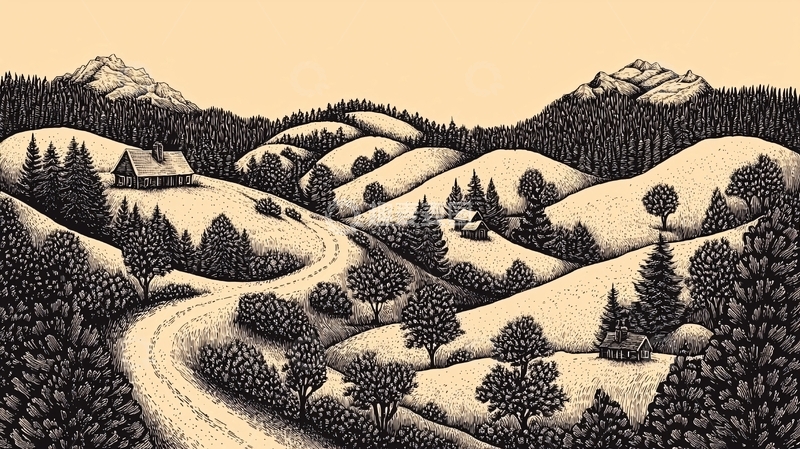 高清大图下载【趣麦麦图】黑白山峦田园风景画