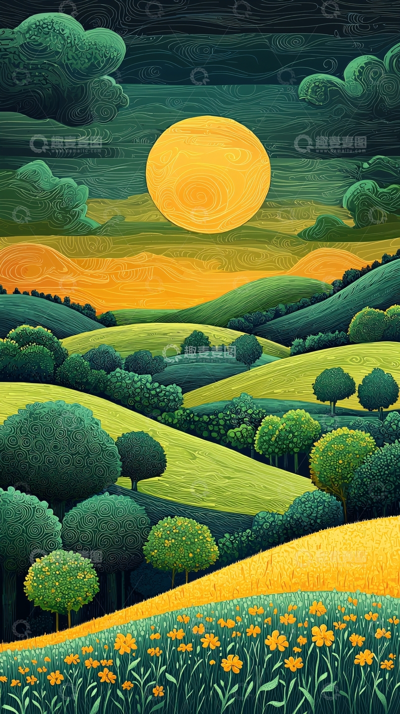 高清大图下载【趣麦麦图】绿色山丘黄昏月色