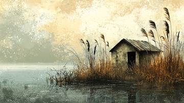 雾气朦胧湖边小屋