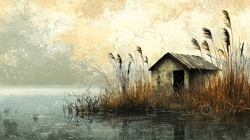 高清大图下载【趣麦麦图】雾气朦胧湖边小屋