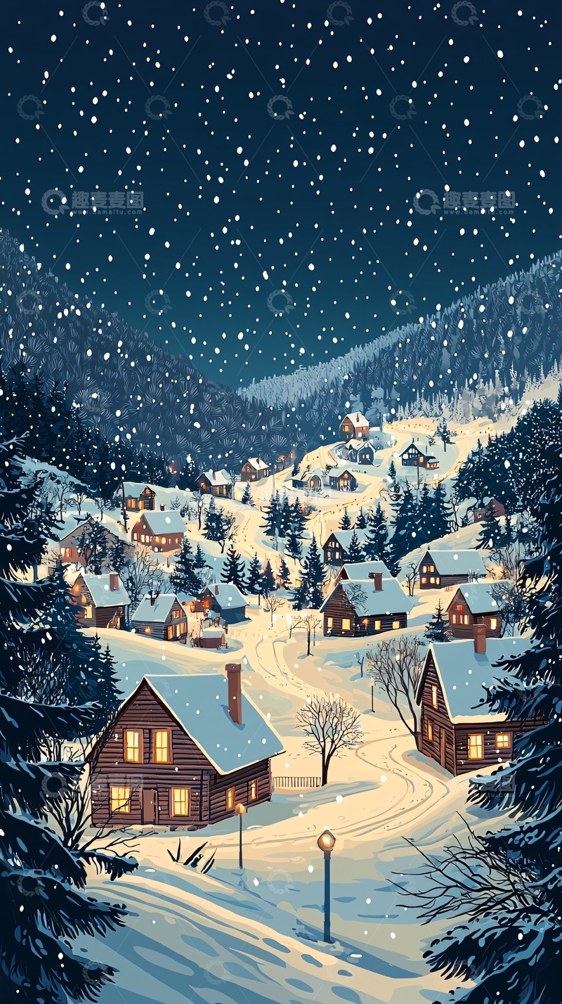 高清大图下载【趣麦麦图】冬夜雪景山村小镇