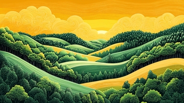 金色夕阳下连绵起伏的绿丘