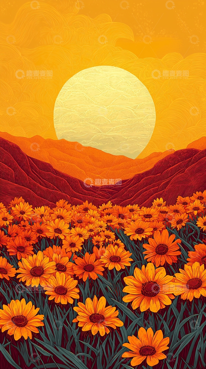 高清大图下载【趣麦麦图】日落向日葵田园风景