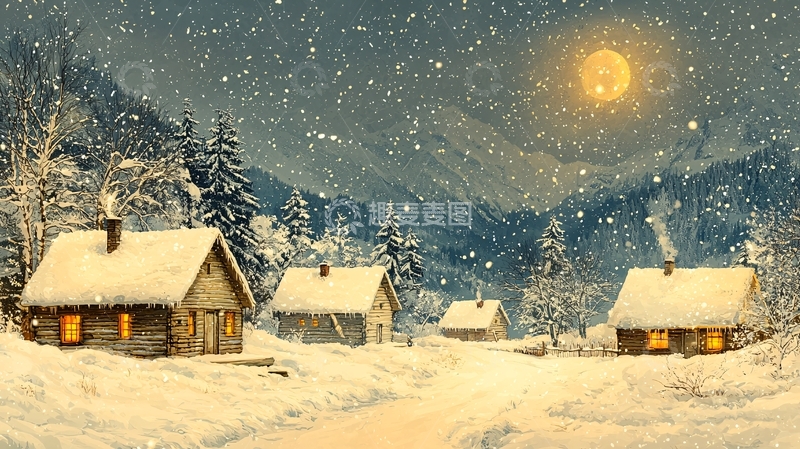 高清大图下载【趣麦麦图】雪夜村庄
