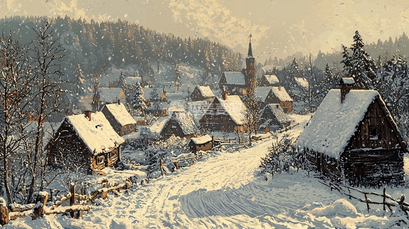 高清大图下载【趣麦麦图】雪景村庄