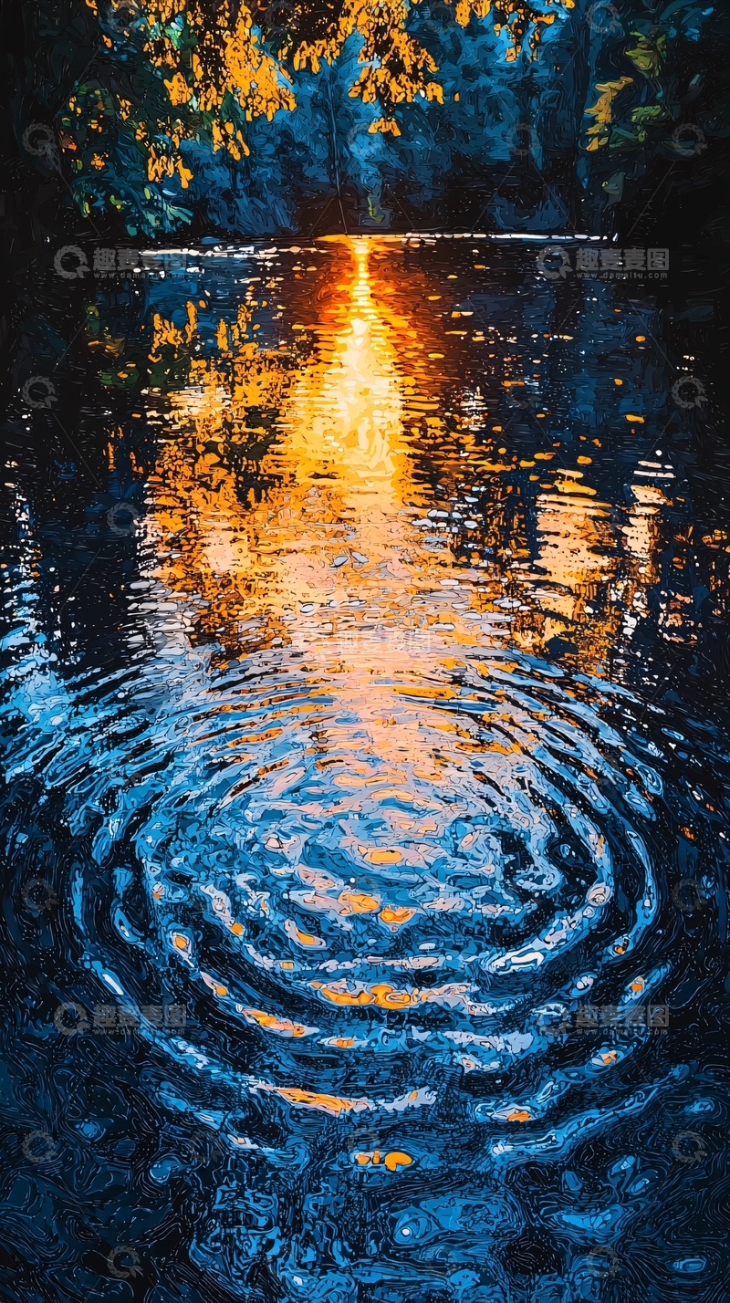 高清大图下载【趣麦麦图】水面涟漪夕阳倒影