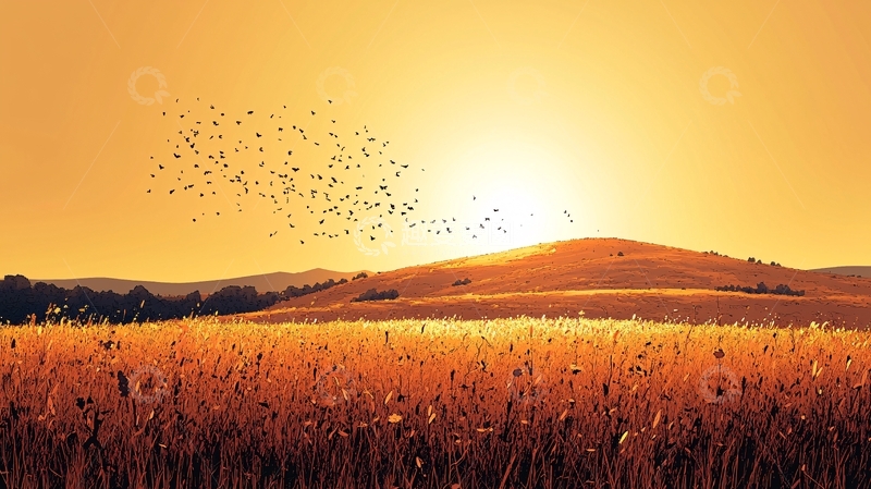 高清大图下载【趣麦麦图】金色麦田日落飞鸟