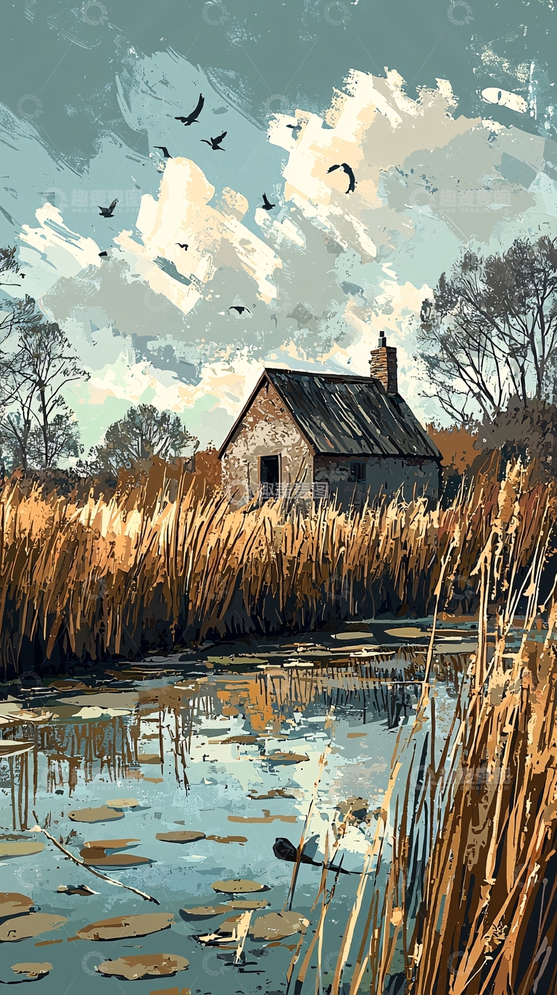 高清大图下载【趣麦麦图】秋日乡间小屋风景画
