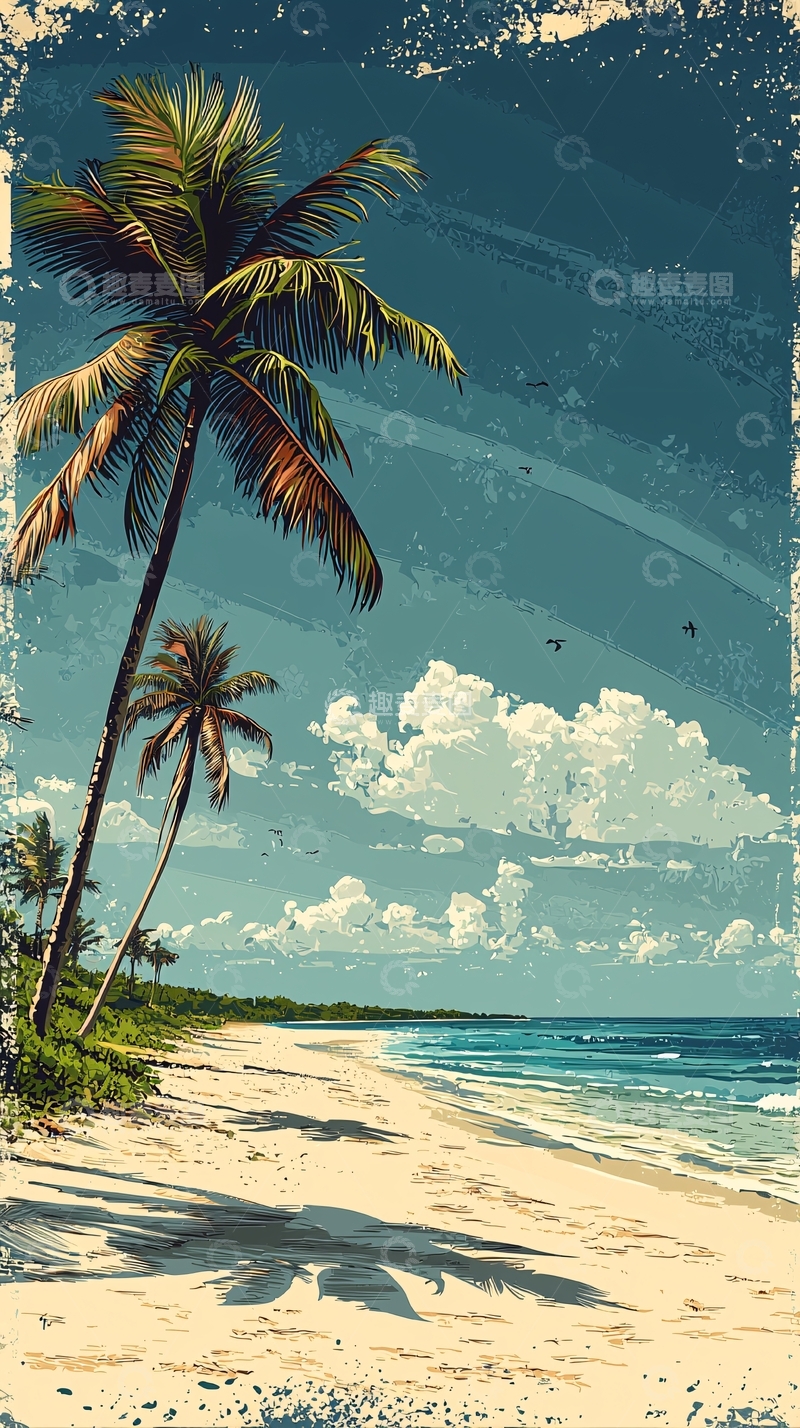 高清大图下载【趣麦麦图】热带海滩椰树风景画