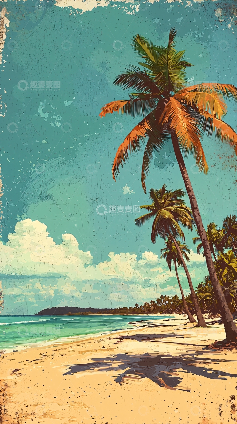 高清大图下载【趣麦麦图】复古海滩椰子树风景