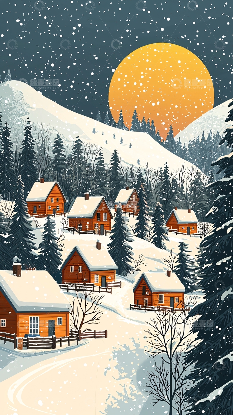 高清大图下载【趣麦麦图】冬夜雪景村庄