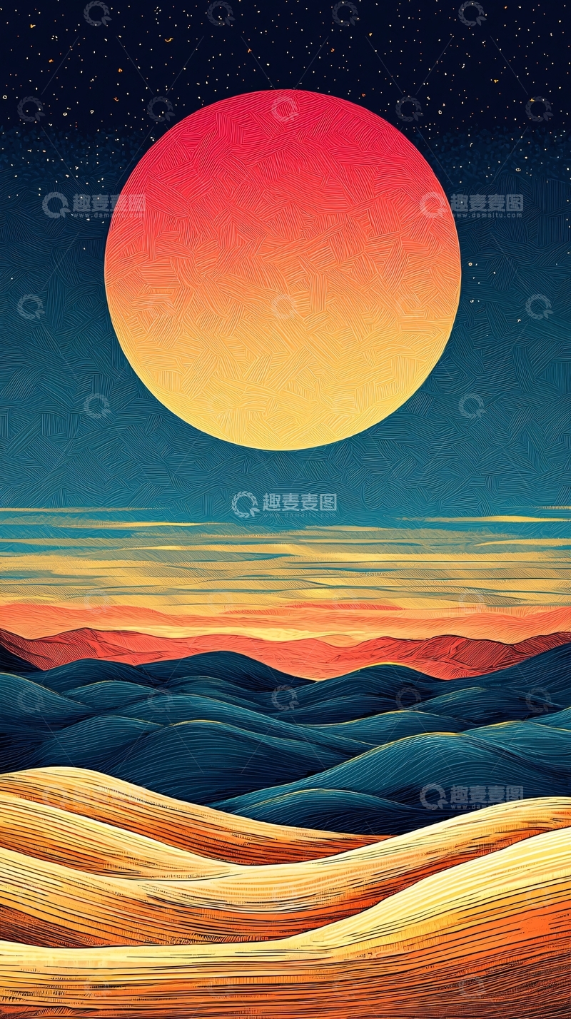 高清大图下载【趣麦麦图】极简风格星球日出山峦