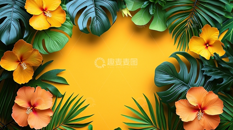 高清大图下载【趣麦麦图】热带花卉和绿叶背景