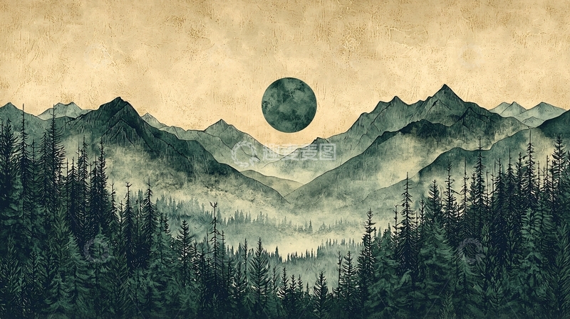 高清大图下载【趣麦麦图】水墨山脉月夜