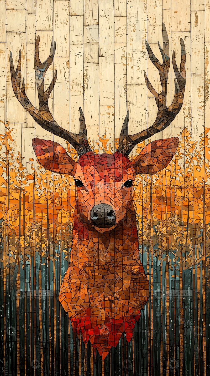 高清大图下载【趣麦麦图】马赛克风格鹿头墙饰