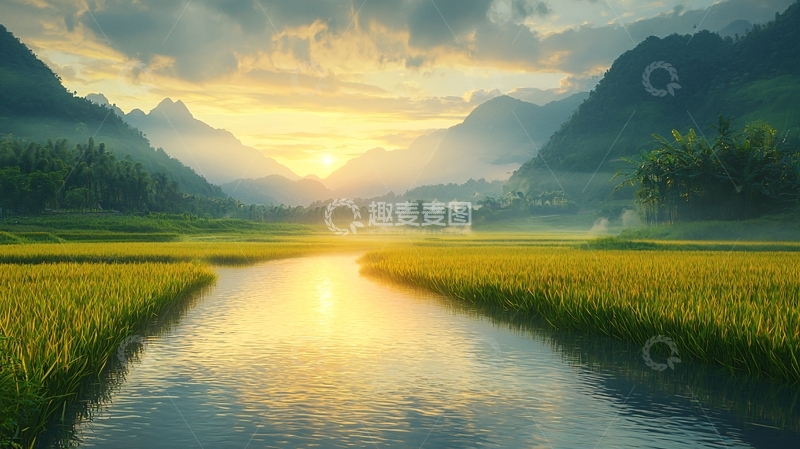 高清大图下载【趣麦麦图】日出山河田园风光