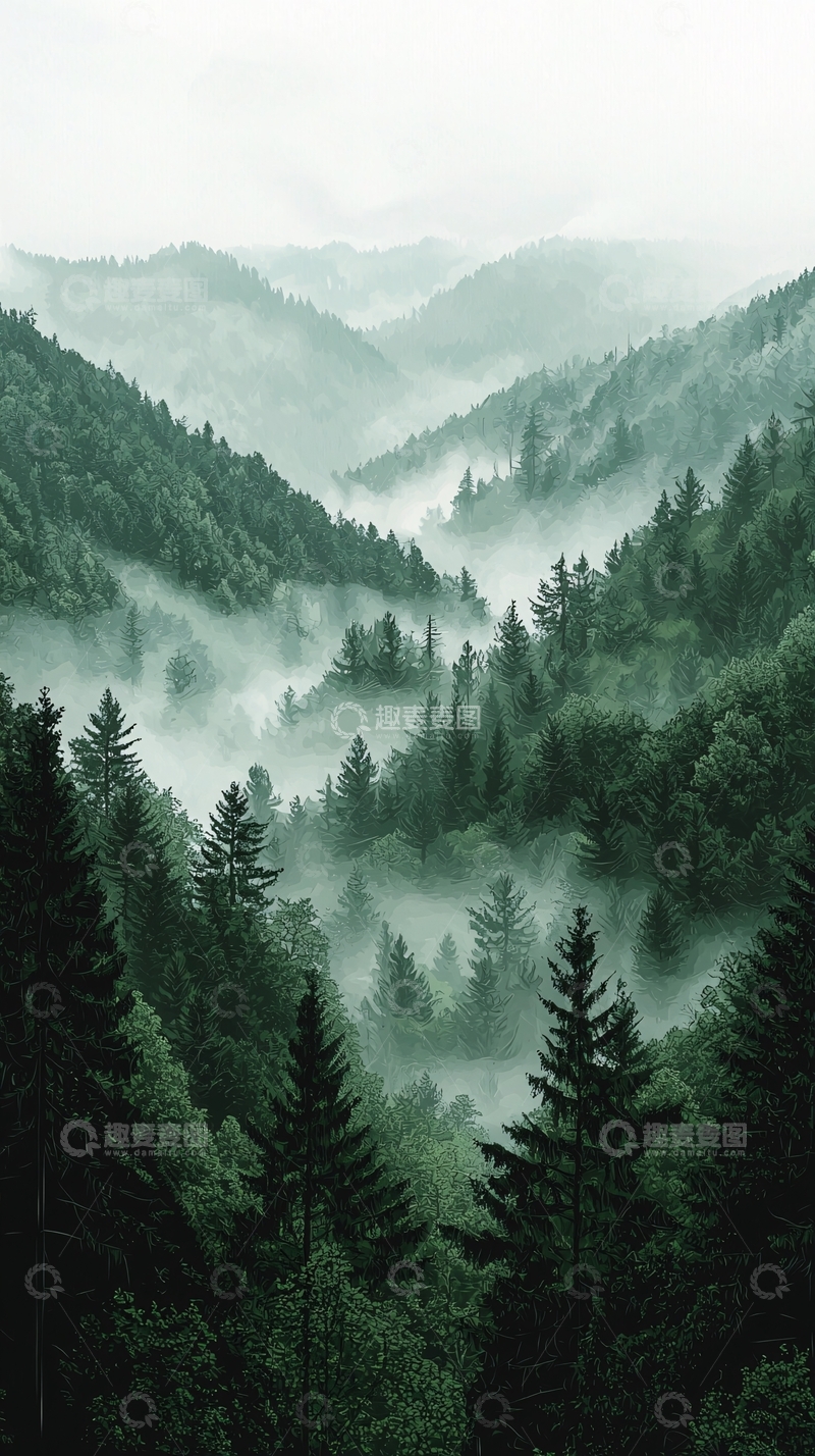 高清大图下载【趣麦麦图】雾气缭绕的绿色山谷