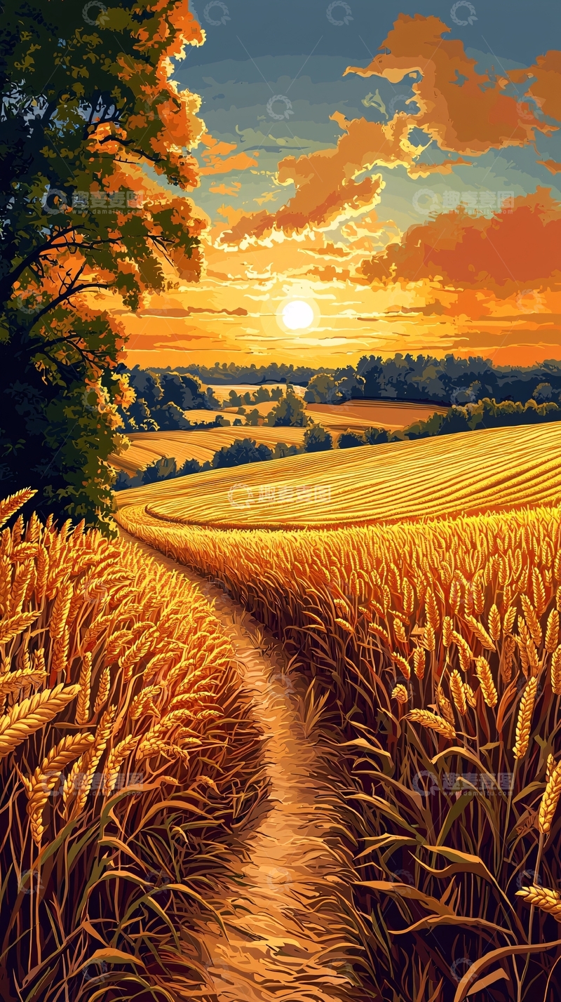 高清大图下载【趣麦麦图】金色麦田小路日落