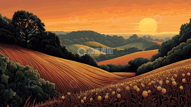 高清大图下载【趣麦麦图】夕阳下的田园风光