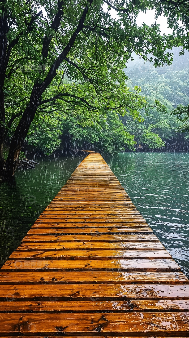 高清大图下载【趣麦麦图】宁静雨中湖畔的木板路