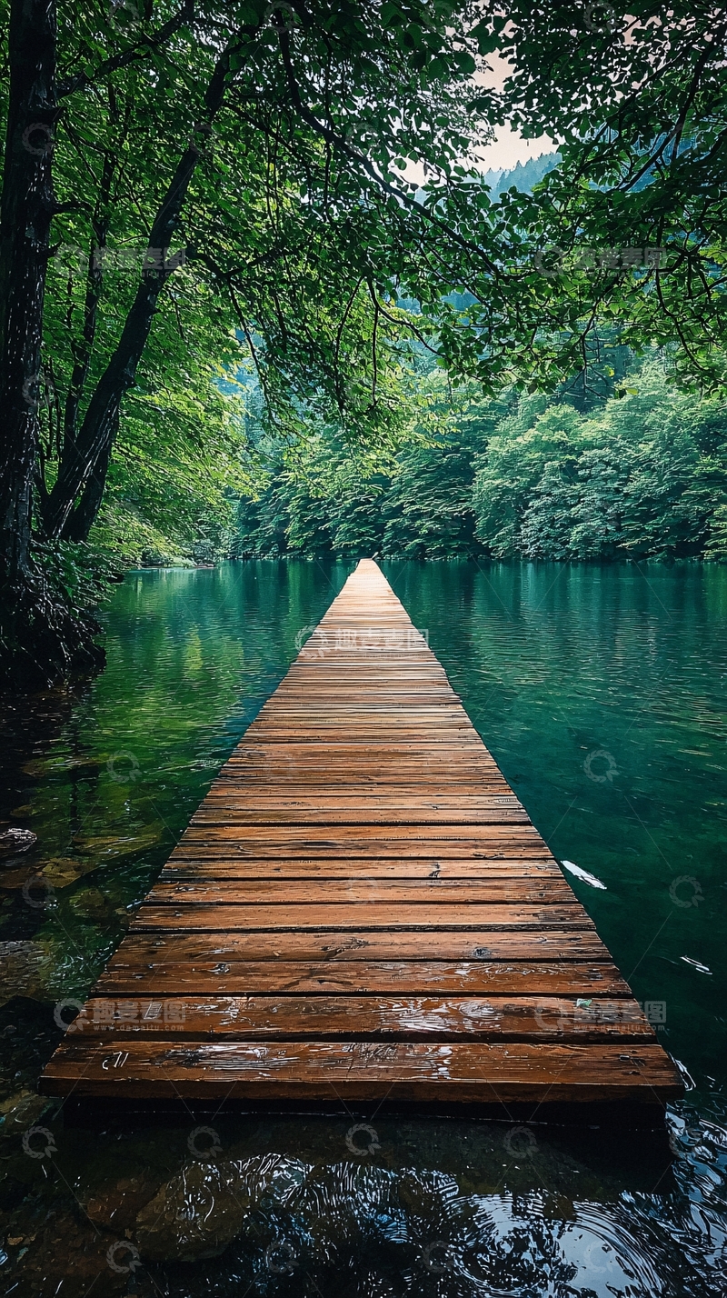 高清大图下载【趣麦麦图】木桥延伸至碧绿湖水