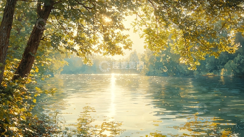 高清大图下载【趣麦麦图】阳光透过树林洒在湖面上
