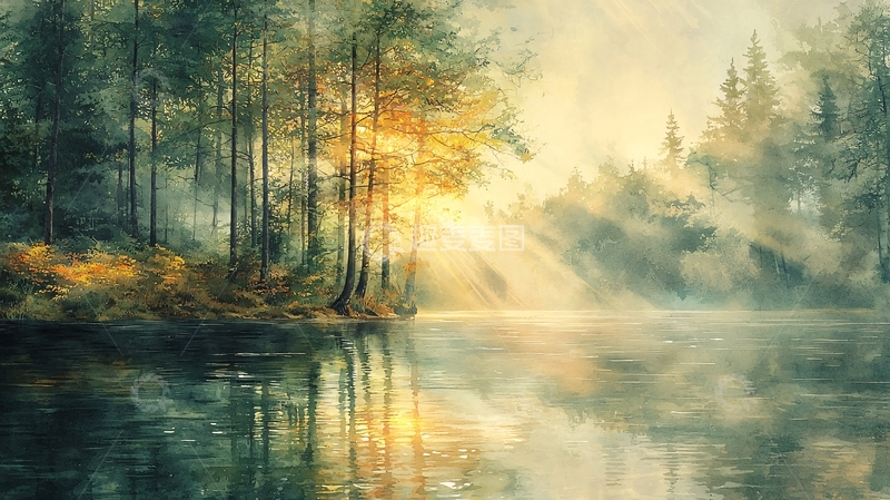 高清大图下载【趣麦麦图】清晨森林湖泊
