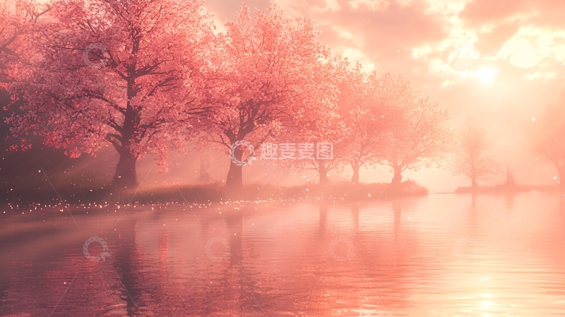 高清大图下载【趣麦麦图】粉红樱花树湖边日落