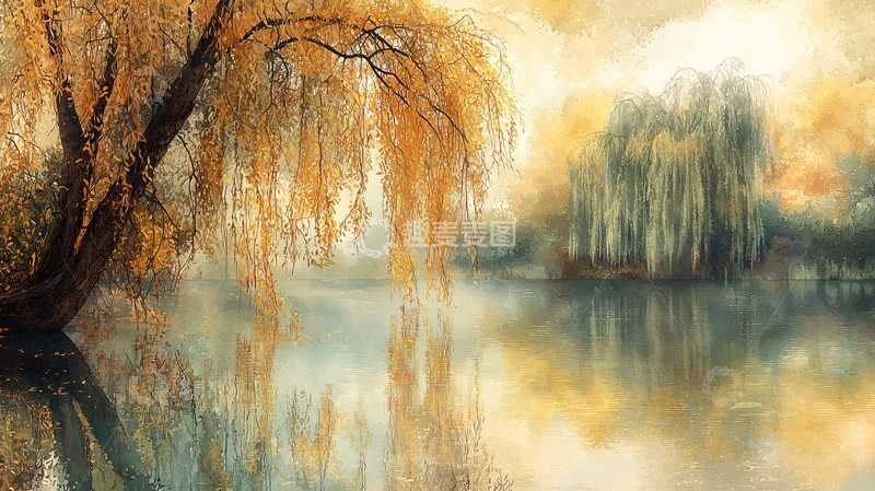 高清大图下载【趣麦麦图】秋日垂柳倒影湖面