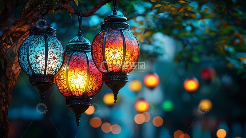 高清大图下载【趣麦麦图】树上挂着彩色玻璃灯笼