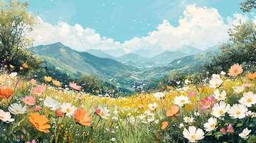 山间野花盛开的田园风光