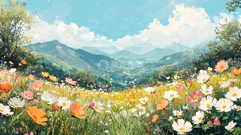 高清大图下载【趣麦麦图】山间野花盛开的田园风光