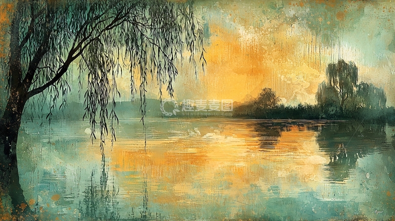 高清大图下载【趣麦麦图】夕阳湖边垂柳风景画
