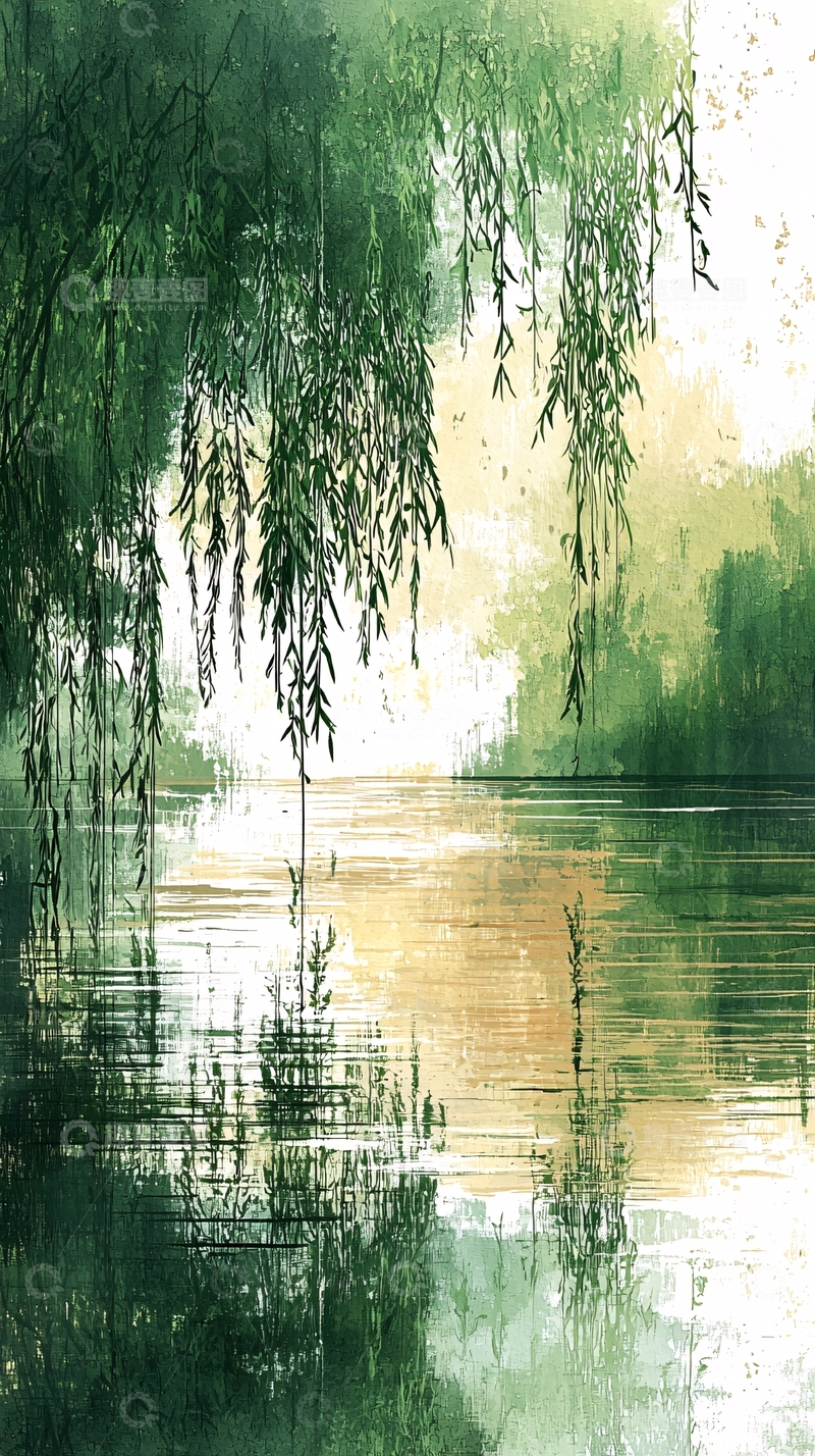 高清大图下载【趣麦麦图】垂柳倒影湖水风景画