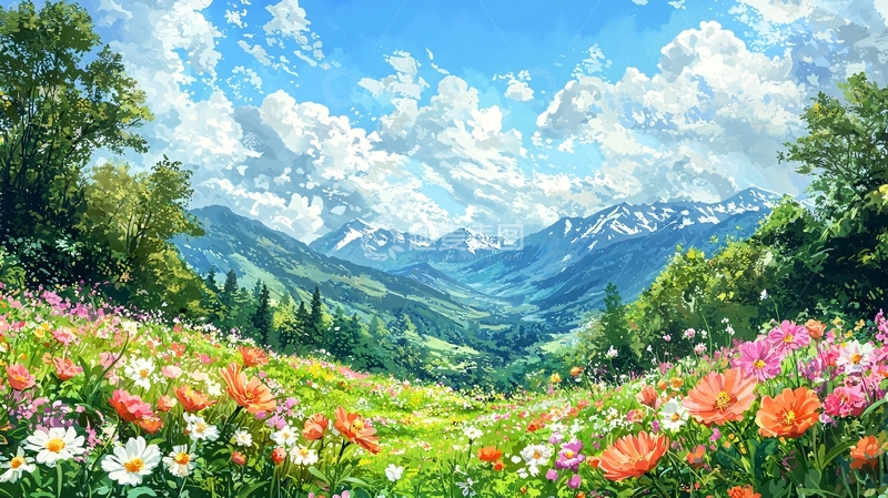 高清大图下载【趣麦麦图】春意盎然的阿尔卑斯山花田