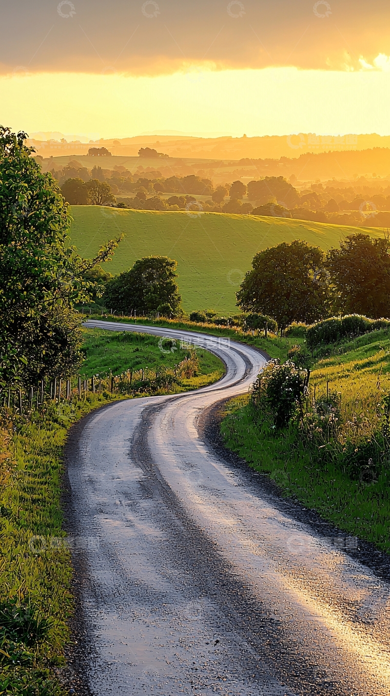 高清大图下载【趣麦麦图】乡间小路夕阳景色