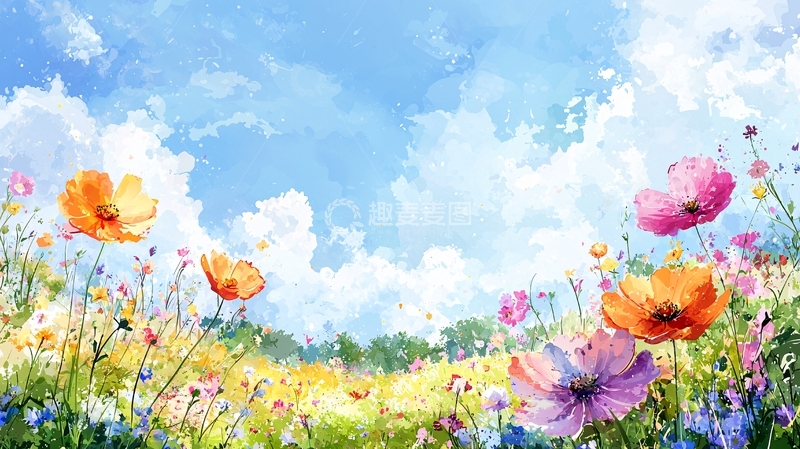 高清大图下载【趣麦麦图】彩色花海蓝天白云