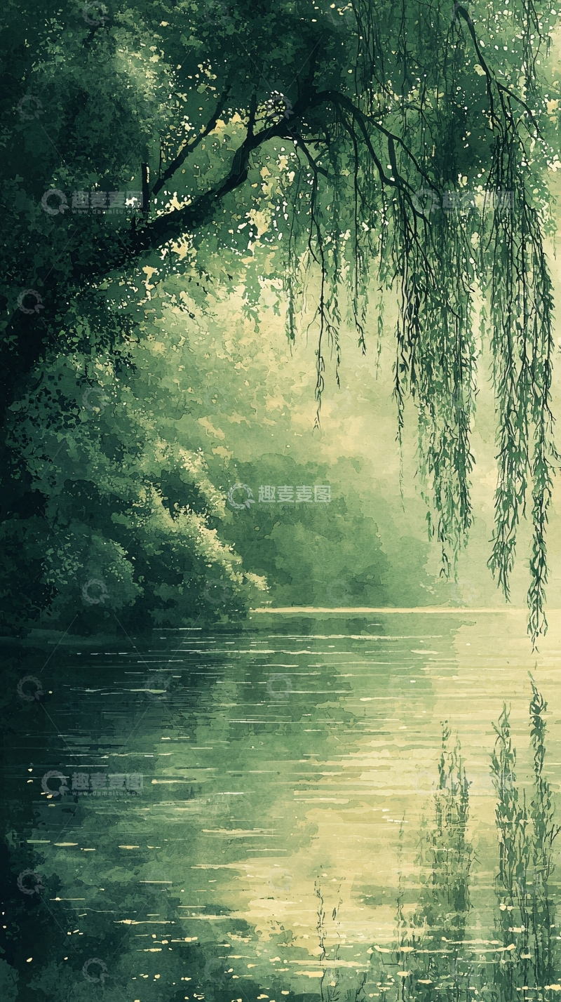 高清大图下载【趣麦麦图】水墨画风格垂柳湖景