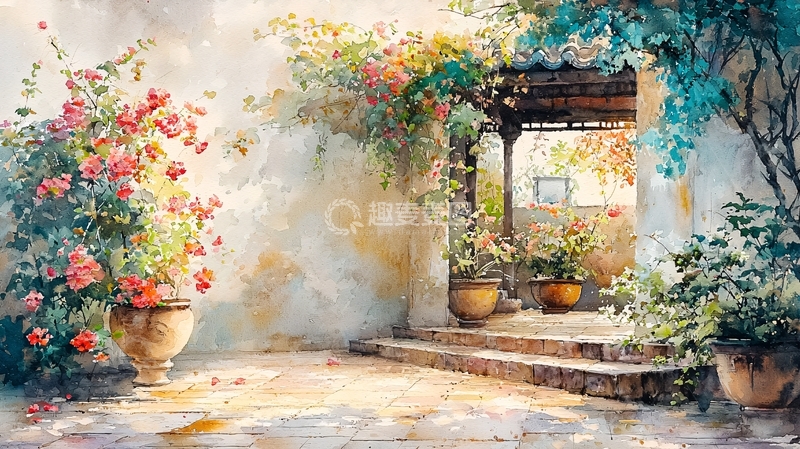 高清大图下载【趣麦麦图】水彩画庭院