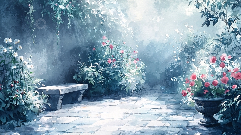 高清大图下载【趣麦麦图】雾气花园长椅