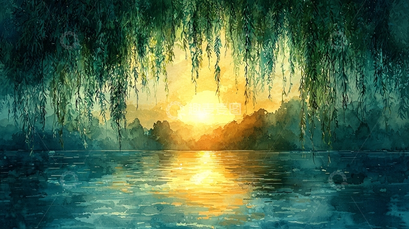 高清大图下载【趣麦麦图】夕阳西下垂柳湖泊