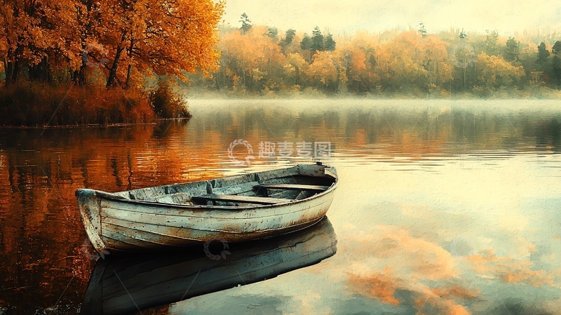 高清大图下载【趣麦麦图】秋日湖边静止的小船